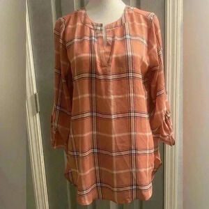Cato Est 1946 V neck roll up sleeves in plaid in dusty rose black & white SMALL